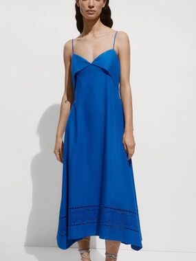 Mango linen cotton Sleeveless Spaghetti-Strap Blue Midi Dress Sz 8 NWT